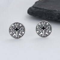 wholesale S925 Sterling Silver Round Vintage Ethnic Cross Pattern Black Zircon Stud Earrings, Niche and Unique Jewelry-092FR/approx. 1.8g/pair 925 silver