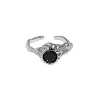 wholesale S925 sterling silver Korean version ins niche design textured inlaid round zirconia open ring for women-Platinum [Black Stone] Opening adjustable