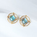 wholesale 18K Gold AU750 Retro Palace Style Geometric Inlaid Gemstone Moissanite Women's New Earrings-0-0