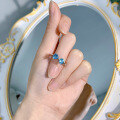 wholesale Metal Material: 925 Sterling Silver Mu Jing Jewelry New 6*6mm Heart-shaped Aquamarine Ring, Cross-border Ins Style, Fashionable and Versatile-0-3