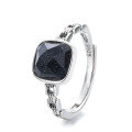 wholesale S925 sterling silver vintage distressed creative square sugar black sandstone open ring Korean-style minimalist index finger ring for women-0-4