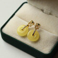 wholesale S925 silver retro elegant chicken-fat yellow amber safety buckle earrings, versatile amber jewelry-0-0