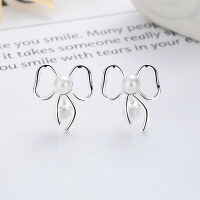 wholesale S925 Sterling Silver Sweet Style Bow-Shaped Connected Pearl Earrings, Luxury Internet-Famous Elegant Women's Jewelry-414FR/gold color approximately 2.3g 925 silver
