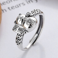 wholesale S925 Sterling Silver Retro Creative Auspicious Coin Fortune Beckoning Cat Trendy Adjustable Ring-YJ616/approx. 2.8g Adjustable opening