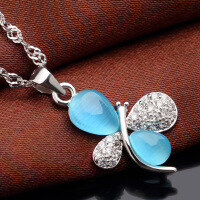 wholesale S925 Silver Inlaid Synthetic Cat's Eye Gemstone Cute Butterfly Pendant Korean Style Fashionable and Unique Women's Necklace Accessory-Blue Pendant - Without Chain 925 Silver