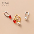 wholesale S925 Silver Short Synthetic Pearl Earrings with Synthetic Red Zircon Ear Clips G8844-0-2