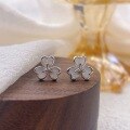 wholesale S925 Sterling Silver White Shell Three-Leaf Flower Lucky Charm Earrings, Sweet and Unique Floral Design Earrings-0-0