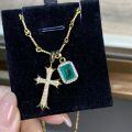 wholesale S925 Sterling Silver Cross Pendant Necklace with Emerald Inclusions Clavicle Chain, Popular Cross-Border European and American Style, Direct Wholesale from Manufacturer-0-6