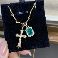 wholesale S925 Sterling Silver Unisex Cross Pendant with Moss Green Inclusions and 18K Gold Plated Chain Factory Direct-Gold-XL106 925 silver