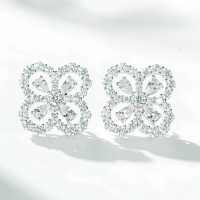 S925 Silver Zirconia Four-Leaf Clover Stud Earrings, High-Carbon Diamond, Ins Style-White Diamond - ED002  925 Silver