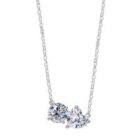 S925 Silver Double Heart Moissanite Necklace, Women's Fashion Wholesale-S925 sterling silver + 1 carat moissanite