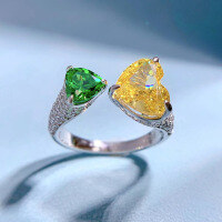 wholesale 18K Gold, ZHUO ZHI FAN Jewelry New Yellow Diamond with Colored Green Heart-Shaped 8*10 Ice Flower Cut High Carbon Diamond Ring, Luxurious Full Diamond-K012 Yellow and Green Adjustable opening