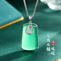 wholesale S925 Sterling Silver Natural Chalcedony Gourd Pendant, National Style Ice Green Light Luxury Versatile Chalcedony Necklace for Mother's Day-Sterling silver matching necklace 2.18g>XL000654-1 necklace