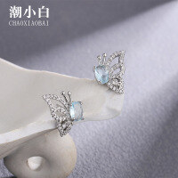 wholesale S925 New Natural Blue Zircon Earrings with Fashionable Butterfly Design, Simple and Versatile Elegant Women's Earrings-xb597-white gold aquamarine