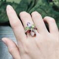 wholesale S925 Sterling Silver Original Design Natural Peridot Ring with Flower, Garnet, and Crystal Colored Ring for Women-0-4
