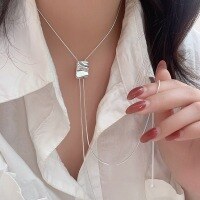 wholesale S925 Sterling Silver Geometric Snake Bone Adjustable Long Pendant Necklace for Women, Korean Minimalist Style, Niche High-End Sense Choker-Sterling silver (90cm in length, adjustable)