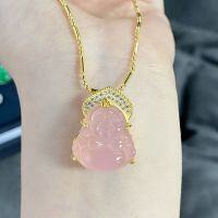 wholesale S925 Sterling Silver Pink Buddha Necklace for Women, Minimalist Collarbone Chain with Full Crystal Pendant, Live Streaming Wholesale-Pink Chalcedony-XL192 Copper