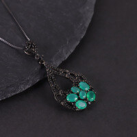 wholesale S925 Sterling Silver Black Gunmetal Natural Opal Necklace with Green Chalcedony and Amethyst Pendant, Small Dark Alternative Style-Natural amethyst necklace