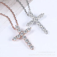 wholesale 925 Sterling Silver Plated with 18K Gold Cross Pendant Necklace for Women, Set with 11 Pieces of 10-Point D Color Moissanite, Cross-Border Wholesale-Rose gold