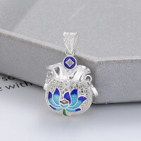 wholesale Metal S990 Silver Chinese National Style Single-sided Resin Hollow Lotus Blessing Bag-shaped Exquisite Carving DIY Pendant Accessory-183PM/about 3.1g