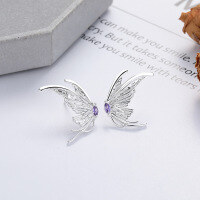 wholesale S925 Sterling Silver Korean Style Butterfly-shaped Earrings with Purple Zircon Accents, Personalized and Fashionable-448R/approximately 4.1 g/pair 925 silver