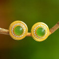 wholesale Gold-Plated 925 Silver Inlaid with Hetian Green Jade Semi-Circular Elegant Ear Studs, Minimalist Green Jade Earrings for Women-0-0