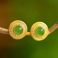 wholesale Gold-Plated 925 Silver Inlaid with Hetian Green Jade Semi-Circular Elegant Ear Studs, Minimalist Green Jade Earrings for Women-Gold plated 925 silver