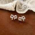 wholesale Sterling Silver Korean Version Chiheng S999 Rhinestone Bow Ear Studs for Women, Cute and Dainty Small Fresh Style Trendy Earrings-0-0