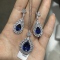 wholesale 925 silver gold-plated, luxurious bezel-set full diamond teardrop style lab-grown blue sapphire 6 carat pendant earrings for women as a gift-0-1