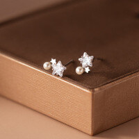 wholesale S925 Sterling Silver Ins Style Diamond Star Synthetic Pearl Ear Studs Sweet and Dainty Women's Earrings M03345-S925 silver pair silver 925 silver