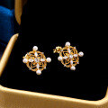 wholesale S925 Sterling Silver Japanese Light Luxury Retro Style Lace Geometric Pearl Earrings for Women, Exquisite Hypoallergenic Earrings-0-2