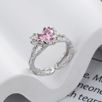 wholesale S925 Sterling Silver Baroque Light Luxury Niche Lava Texture Heart Pink Zircon Double-Layer Open Ring-DJ1171F/approx. 3.8g  Adjustable opening