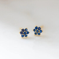 wholesale S925 Sterling Silver Red Elk Blue Zircon Flower Ear Studs for Women, Elegant and Delicate Helix Earrings with Thin Post, Fashionable Ear Accessories-BE0258-Gold 925 Silver