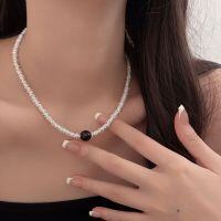 wholesale S925 Sterling Silver Heavy Workmanship Handmade Circle Black Onyx Necklace for Women, Korean High-End Goods Boutique Personality Collarbone Chain-Pure silver (length 38+5CM)