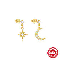 wholesale S925 Sterling Silver Classic Star and Moon Earrings with Zirconia and Teardrop Design-Gold#2 925 Silver