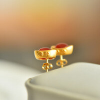 wholesale 925 silver gold-plated certificate new Chinese-style red agate chalcedony earrings with ingot metaphysical wealth-attracting earrings gift-6*8 Carnelian Copper Coin Pattern>925 Silver