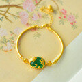 wholesale Gold-plated 925 Silver with Certificate, Retro Fish-themed Jade Jewelry, Ice-Type Green Chalcedony Agate Bracelet for Women-0-0