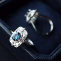 wholesale 925 Silver Natural London Blue Topaz and White Crystal Square Ring, Fashionable and Versatile for Ladies-0-0