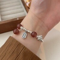 wholesale 999 Sterling Silver Natural Crystal Peace and Prosperity Bracelet for Women, Small and Trendy Strawberry Quartz DIY Beaded Bracelet-Sterling silver