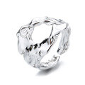 wholesale S925 Sterling Silver Irregular Foil Lava Open Ring with Retro Design, Metal Embossed Fashionable Trendy Index Finger Ring-0-4
