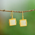 wholesale Gold-plated with silver inlaid bamboo leaf design, square jade earrings for cheongsam and Hanfu, wholesale Hetian jade earrings-0-0