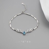 wholesale S925 Sterling Silver "Always with You" Elk Antler Simple Silver Inlaid with Zircon Bracelet for Women, Zircon Korean Style Minimalist-A Deer with You-Blue Zircon 925 Silver