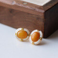 wholesale S925 Silver Vintage Natural Old Beeswax White Mother-of-Pearl Earrings Amber Beeswax Mustard Yellow White Shell Ear Accessories-0-1