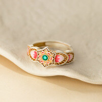 wholesale 999 Silver Palace Style Sweet Design Colorful Enamel Gold-Traced Openwork Baoxiang Flower Lotus Ring R02903-999 Pure Silver Ring Adjustable opening