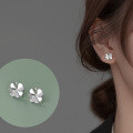 wholesale S925 Sterling Silver Inlaid Diamond Four-Leaf Flower Earrings, Korean Style Minimalist Forest-inspired Fresh and Delicate Women's Ear Jewelry M01884-0-0