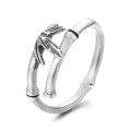 wholesale S925 Sterling Silver Bamboo Joint and Leaf Open Ring, Literary and Artistic, Fresh and Sweet, Pastoral Style, Index Finger Ring for Women-0-6