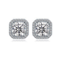 wholesale S925 Sterling Silver Cross-Border Europe and US Hit Fashion High-End Fully Diamond Princess Round Bag Stud Earrings Minimalist Square Bag Women's Earrings Wholesale-Silver with high carbon diamond 1ct 925 silver