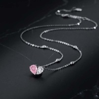 wholesale S925 Sterling Silver Pink Diamond and White Diamond Hearts Together Necklace, Fashionable Sweet Design High-End Sense Collarbone Chain Jewelry-Heart to Heart Necklace 925 Silver