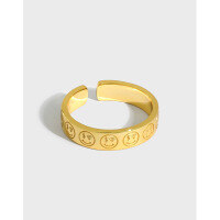 wholesale S925 Sterling Silver 377 Korean Style Silver Ring, Ins Minimalist Light Luxury High-End Money Smiley Face Open Adjustable Ring for Women-18K Gold [No. 14/Adjustable] Opening adjustable