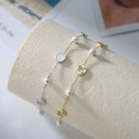 wholesale 925 Sterling Silver Four-Leaf Clover Anklet for Women, Cross-Mirror Bestseller Forest Style Ins Ankle Jewelry Wholesale-Natural white mother-of-pearl + round shell pearls, electric platinum 21.5+5cm, 3.28g 925 silver